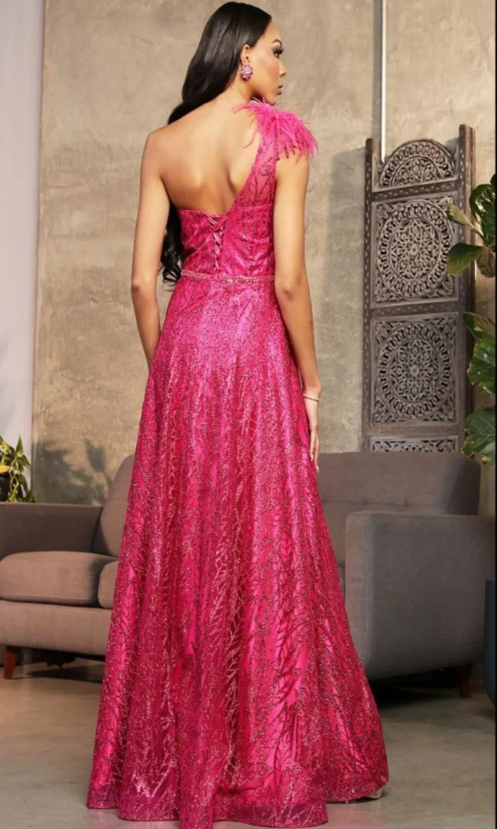 May Queen MQ2024B - Embellished Asymmetric Evening Gown with Feather Detail