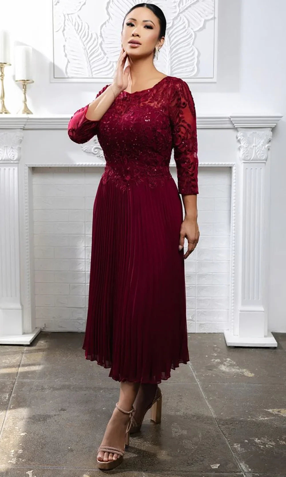 May Queen MQ2189 - Three-Quarter Sleeve Embroidered Midi Dress