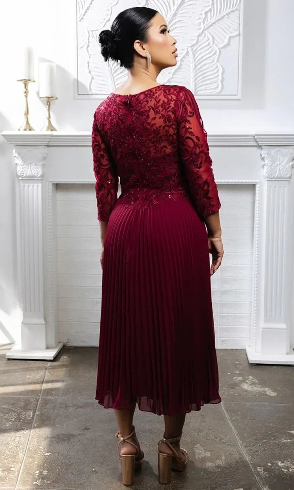 May Queen MQ2189 - Three-Quarter Sleeve Embroidered Midi Dress