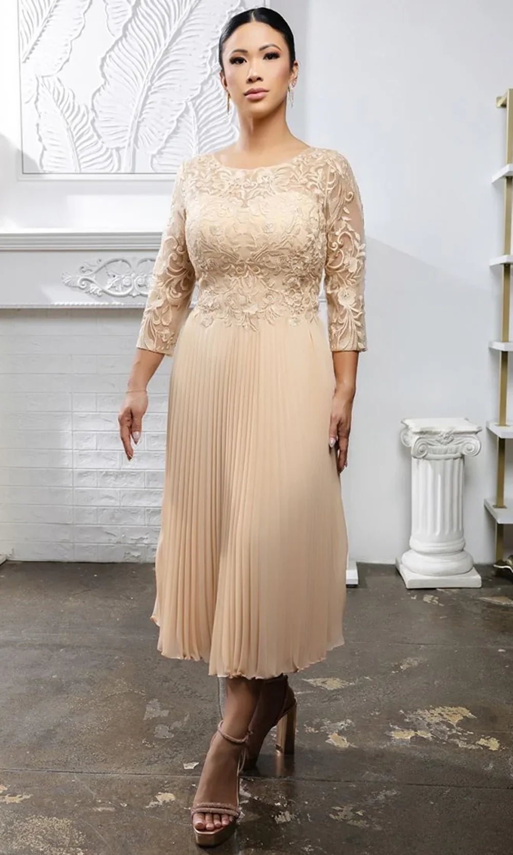 May Queen MQ2189 - Three-Quarter Sleeve Embroidered Midi Dress