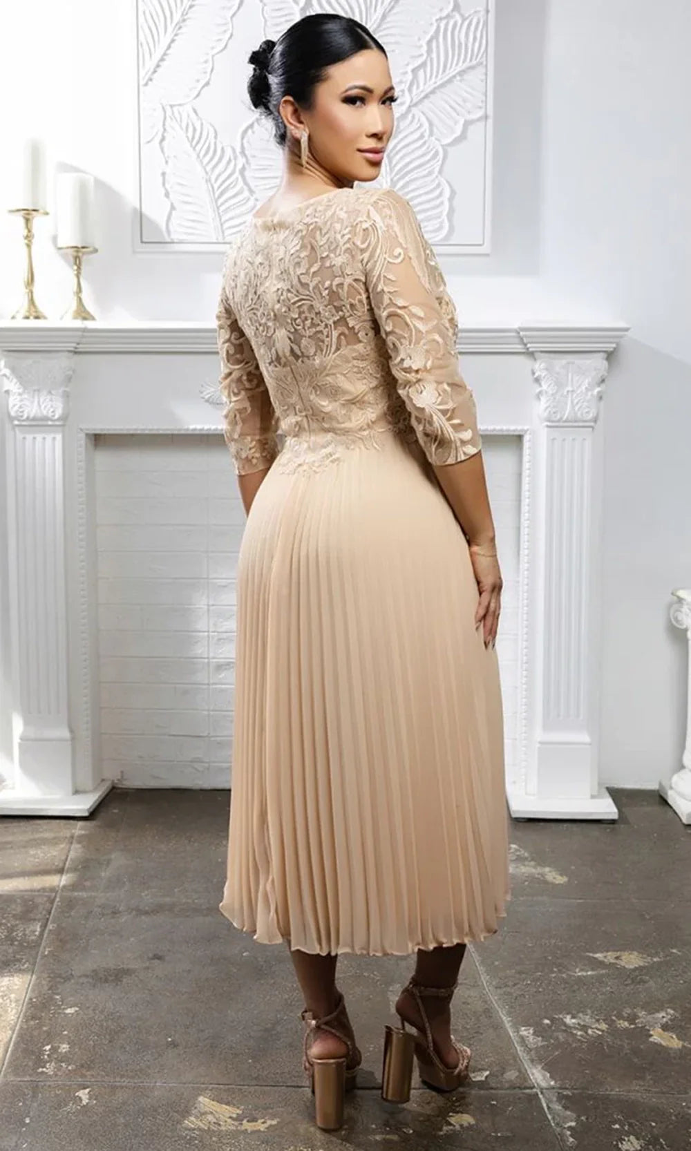 May Queen MQ2189 - Three-Quarter Sleeve Embroidered Midi Dress