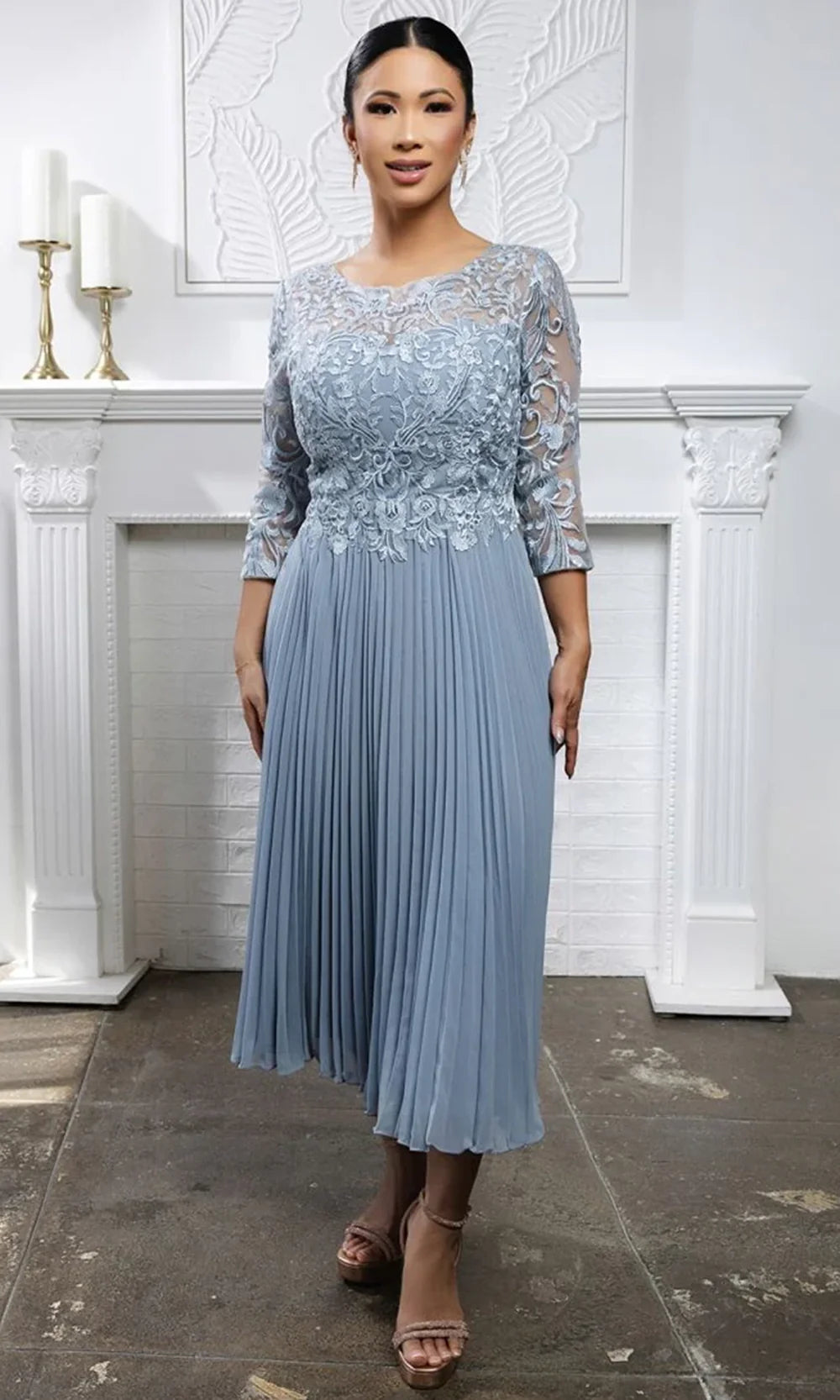 May Queen MQ2189 - Three-Quarter Sleeve Embroidered Midi Dress