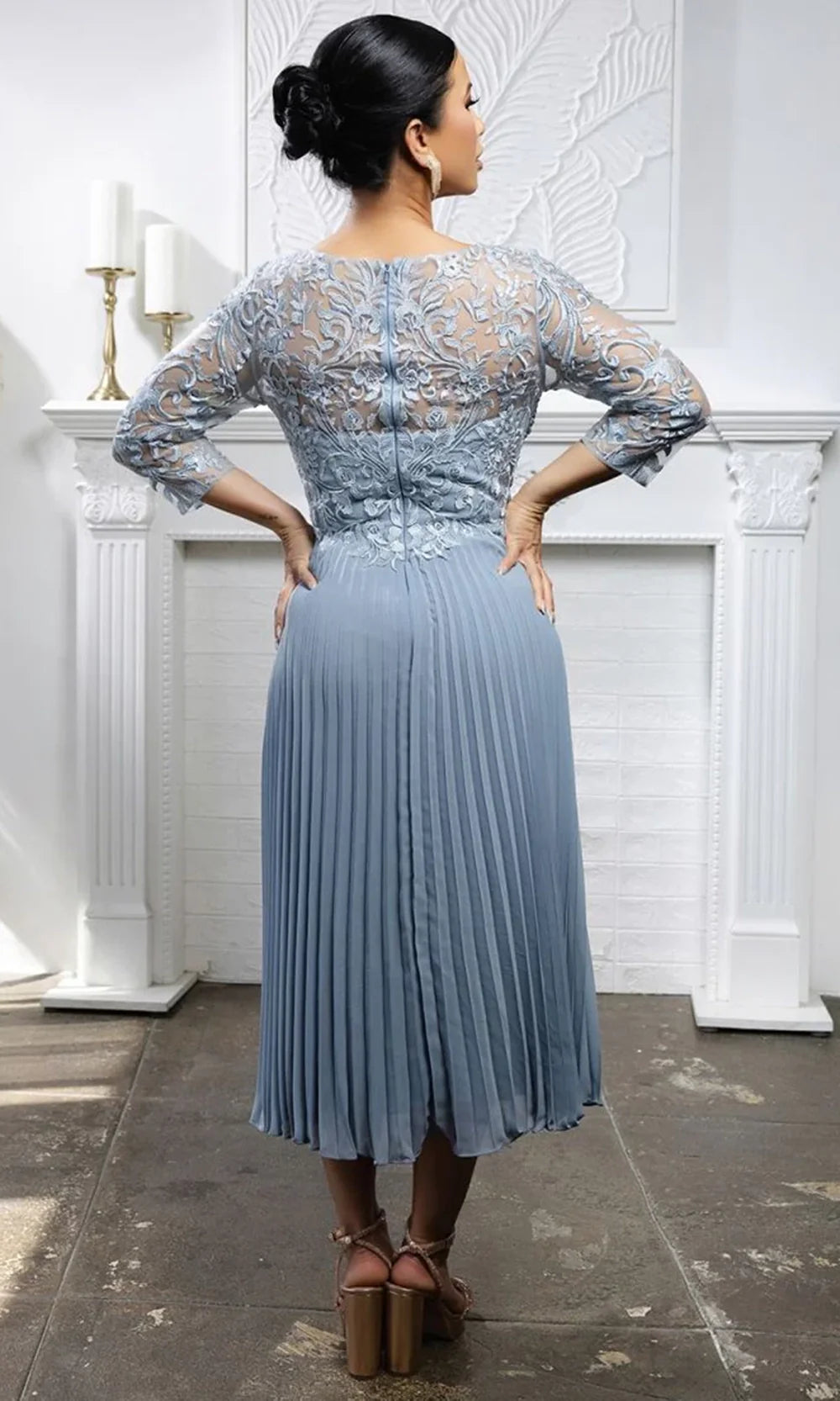 May Queen MQ2189 - Three-Quarter Sleeve Embroidered Midi Dress