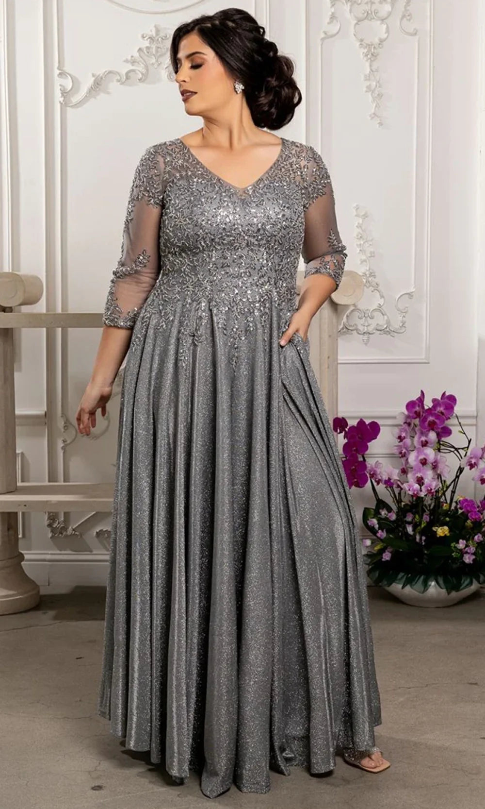 May Queen MQ2227 - Embellished Three-Quarter Sleeve Formal Gown