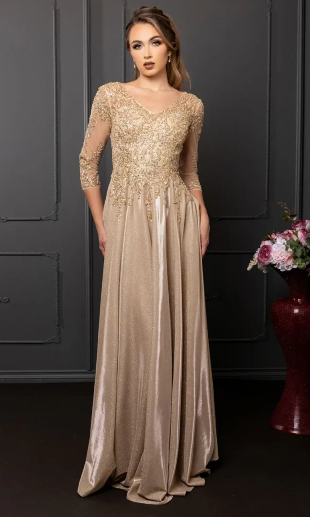 May Queen MQ2227 - Embellished Three-Quarter Sleeve Formal Gown