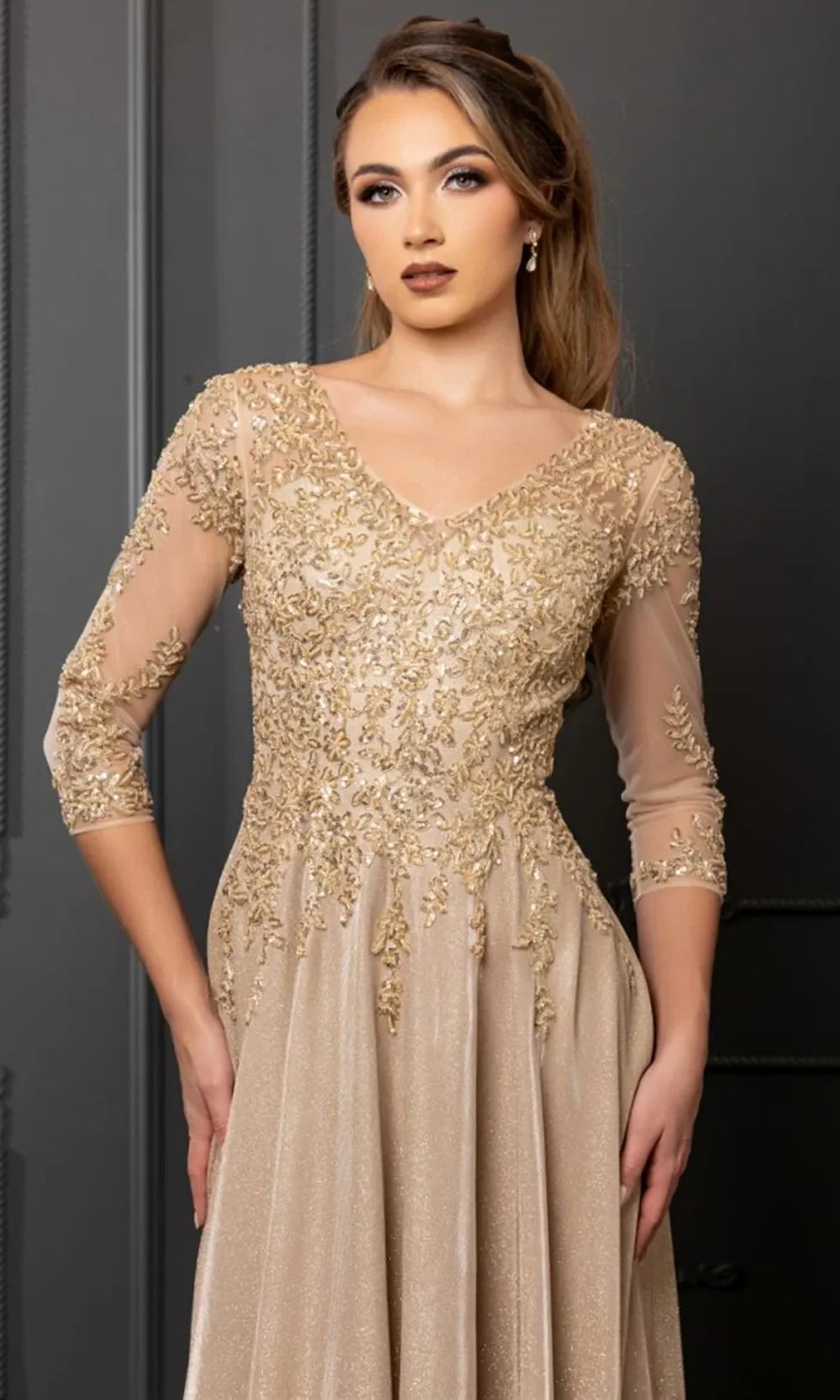 May Queen MQ2227 - Embellished Three-Quarter Sleeve Formal Gown