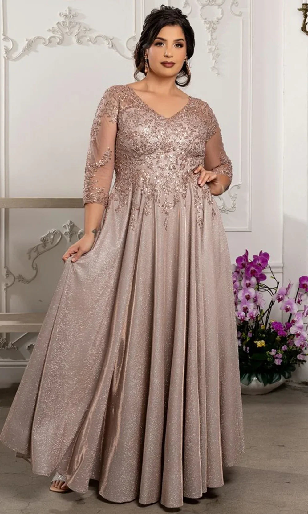 May Queen MQ2227 - Embellished Three-Quarter Sleeve Formal Gown