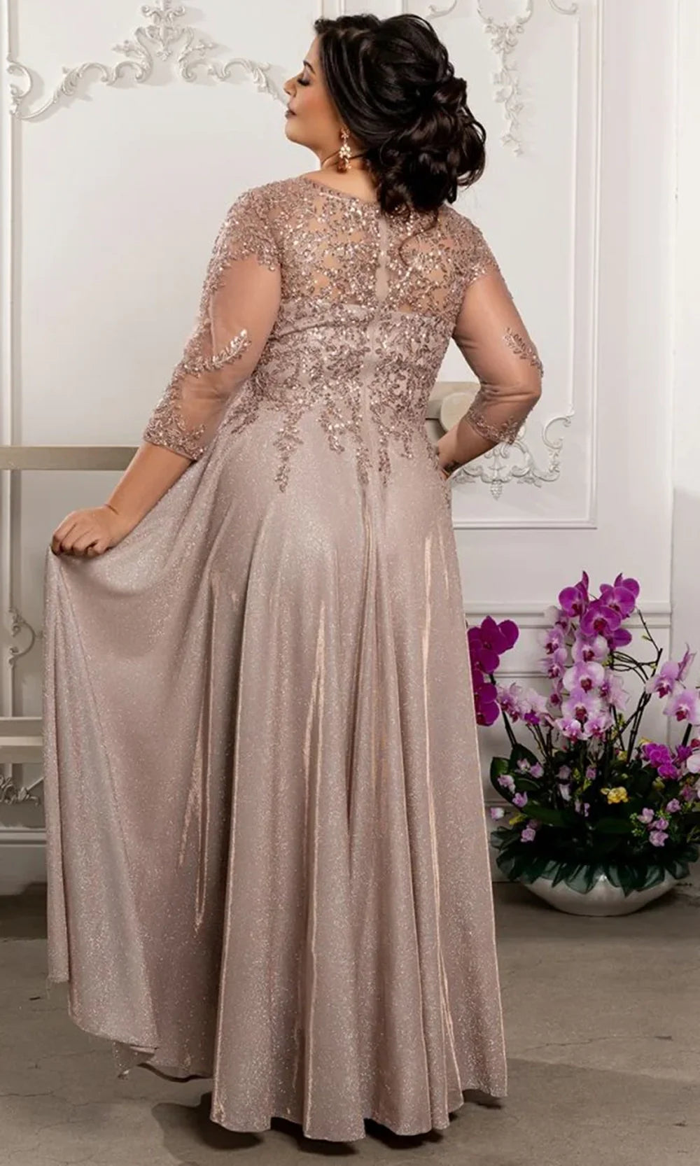 May Queen MQ2227 - Embellished Three-Quarter Sleeve Formal Gown