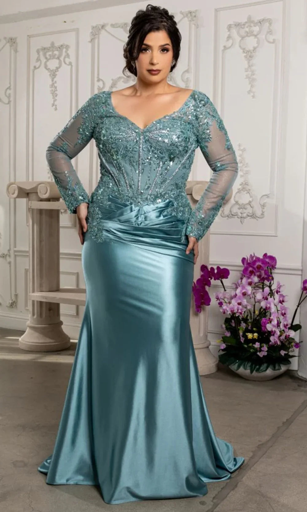 May Queen MQ2204 - V-Neckline Beaded Embroidered Formal Gown