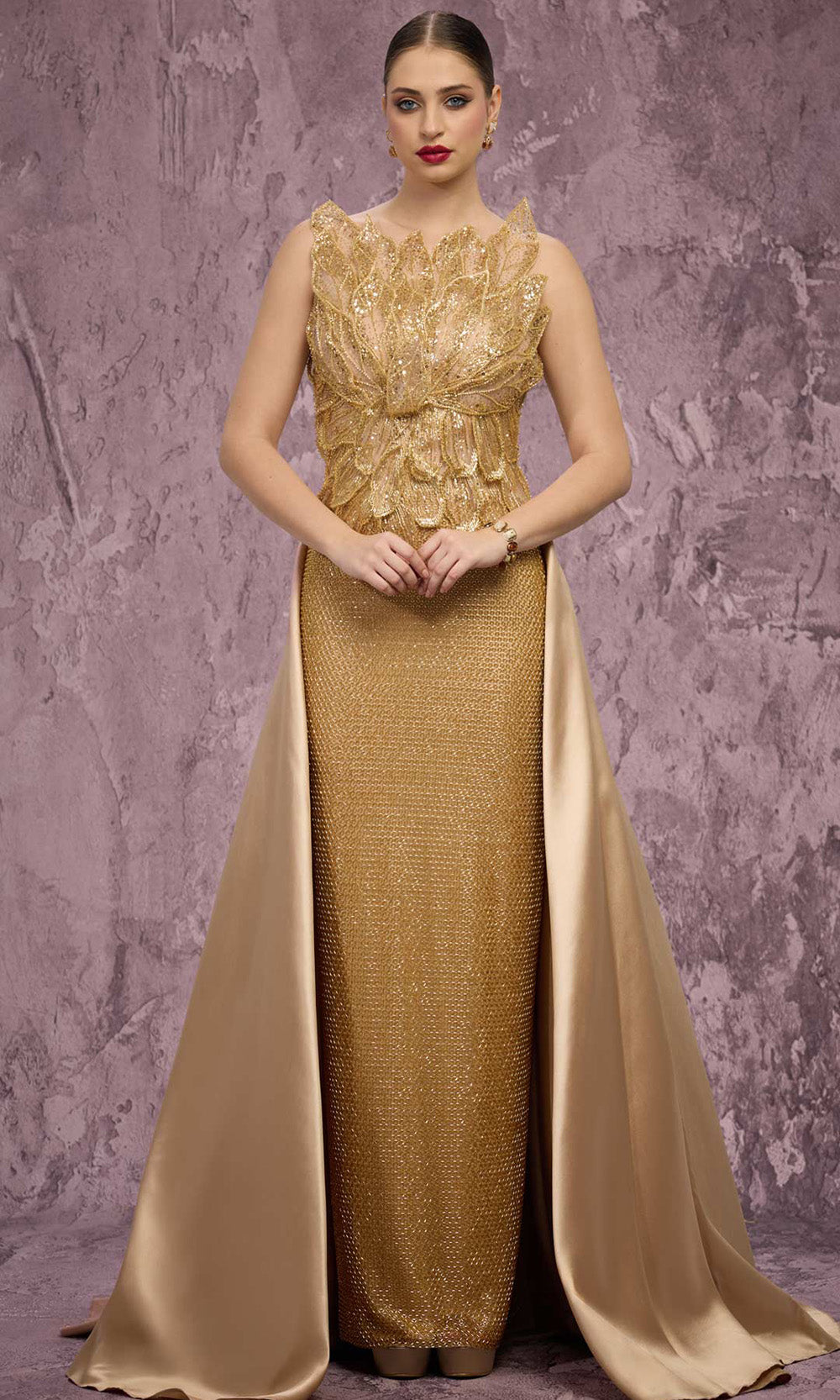 MNM COUTURE J03186 - Overskirt Sleeveless Beaded Gown Mother of the Bride Dresses in Gold 