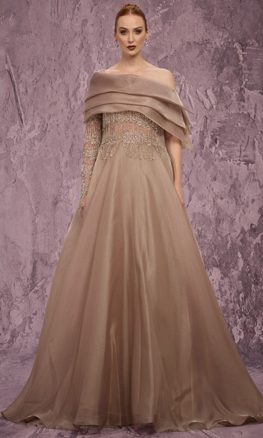MNM COUTURE J03308 - Asymmetric Beaded Fringe Evening Gown Formal Gowns in Gold 
