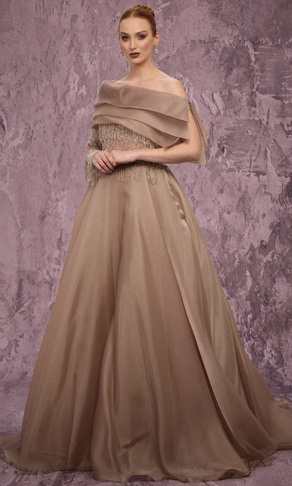 MNM COUTURE J03308 - Asymmetric Beaded Fringe Evening Gown Formal Gowns in Gold 