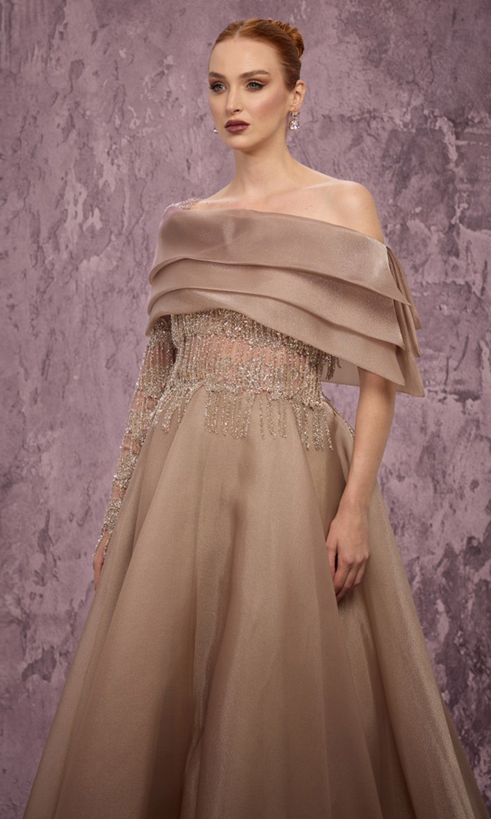 MNM COUTURE J03308 - Asymmetric Beaded Fringe Evening Gown Formal Gowns in Gold 