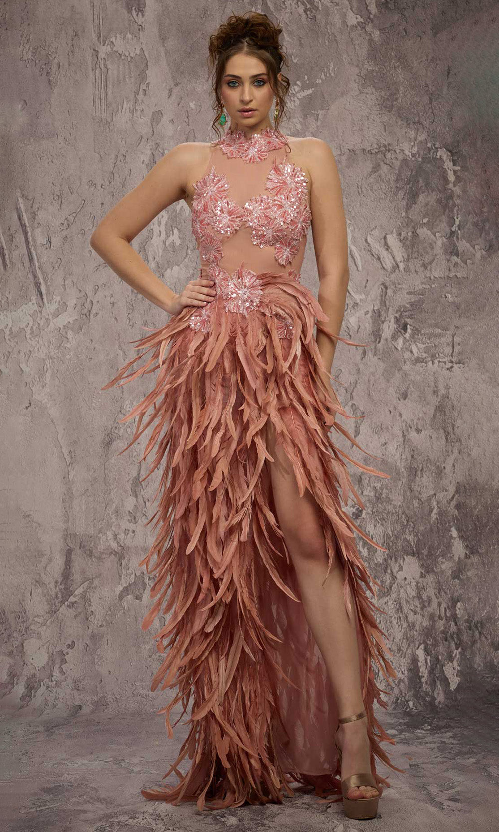MNM COUTURE J03381 - Halter Column Evening Gown with Feathers Prom Dresses in Salmon 