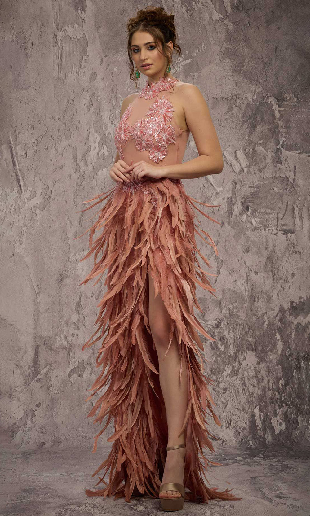 MNM COUTURE J03381 - Halter Column Evening Gown with Feathers Prom Dresses in Salmon 