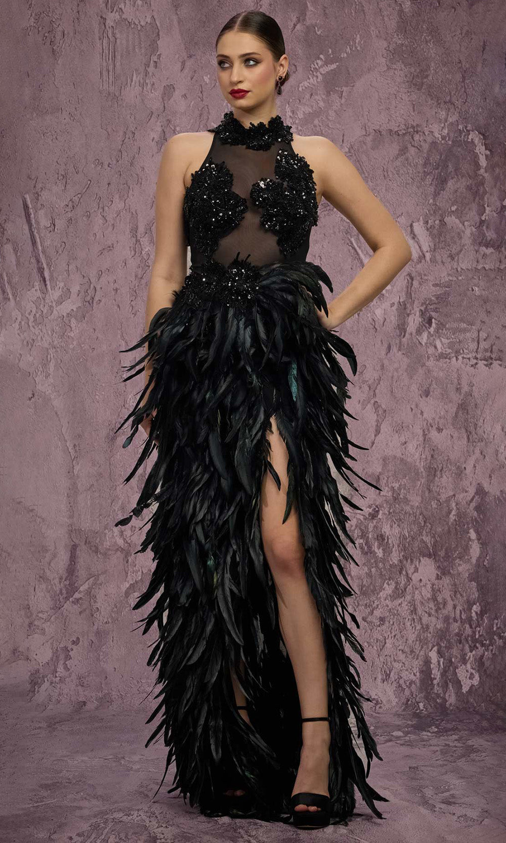 MNM COUTURE J03381 - Halter Column Evening Gown with Feathers Prom Dresses in Black 