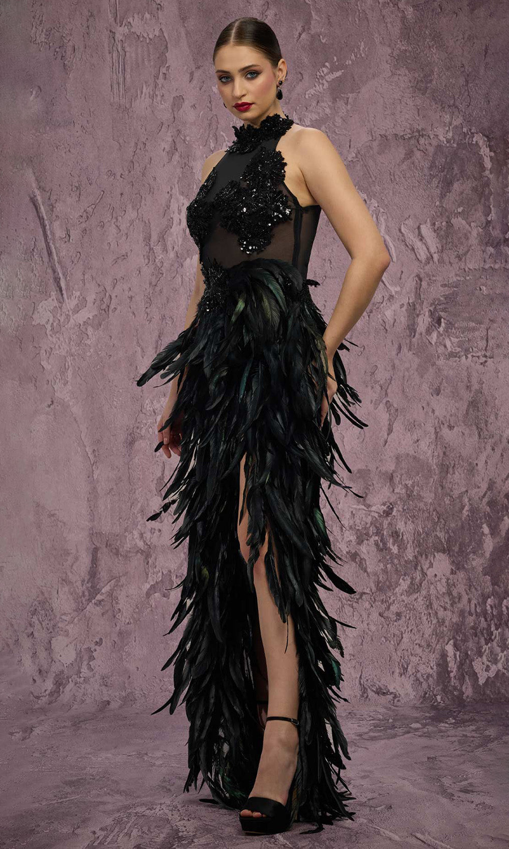 MNM COUTURE J03381 - Halter Column Evening Gown with Feathers Prom Dresses in Black 