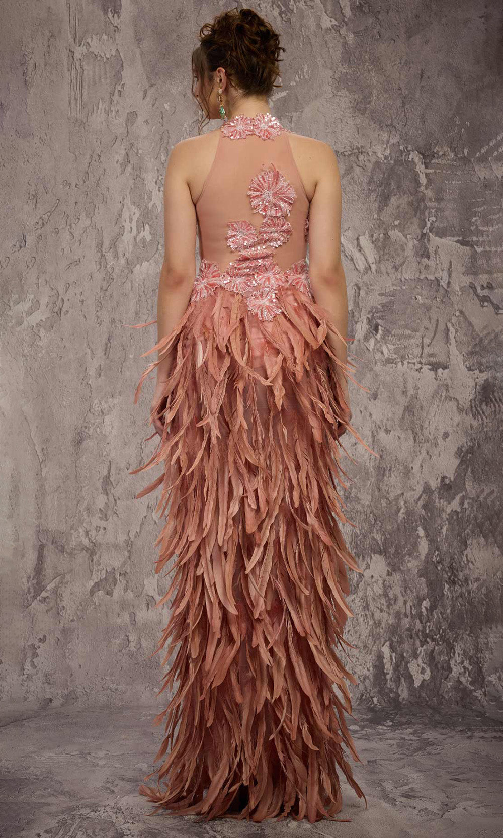MNM COUTURE J03381 - Halter Column Evening Gown with Feathers Prom Dresses in Salmon 