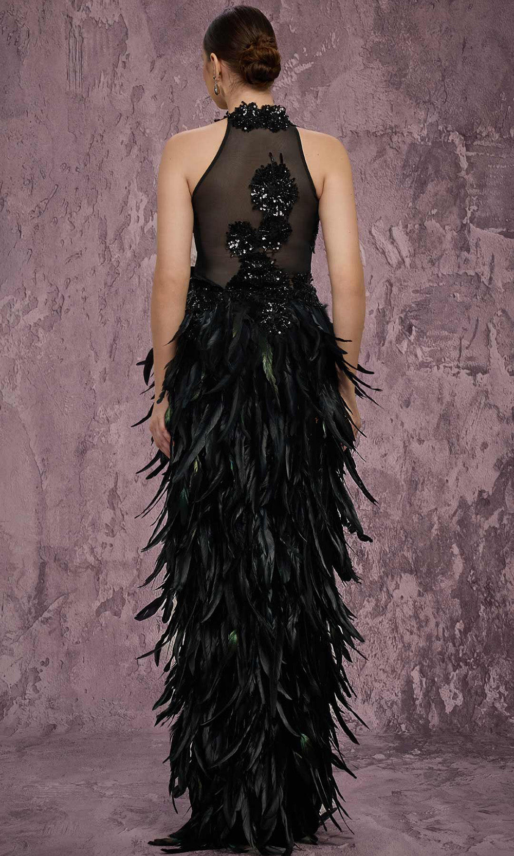 MNM COUTURE J03381 - Halter Column Evening Gown with Feathers Prom Dresses in Black 