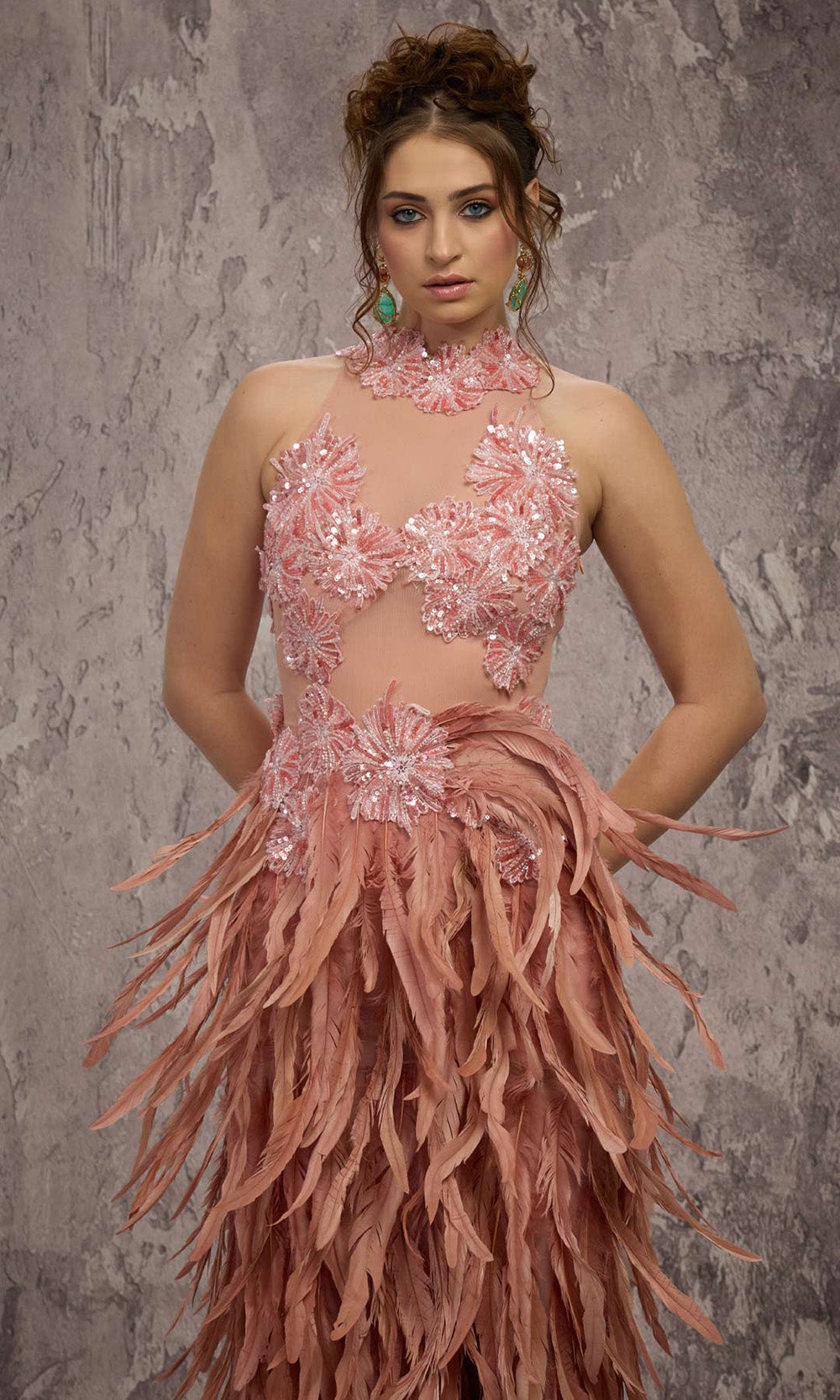 MNM COUTURE J03381 - Halter Column Evening Gown with Feathers Prom Dresses in Salmon 