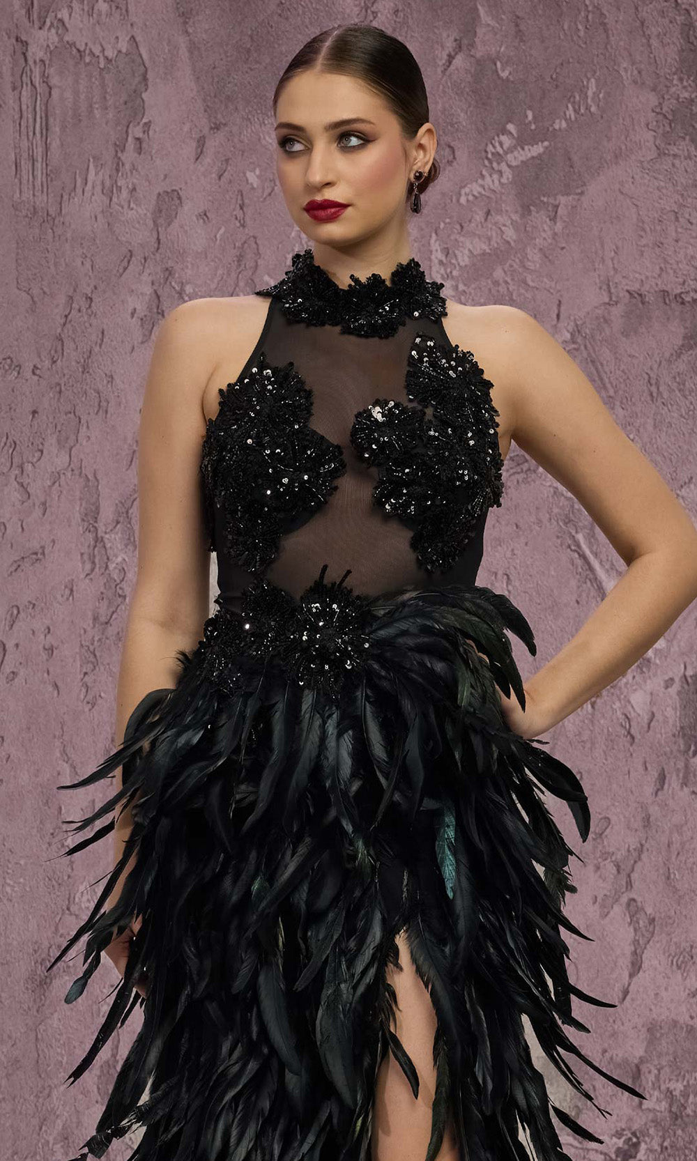 MNM COUTURE J03381 - Halter Column Evening Gown with Feathers Prom Dresses