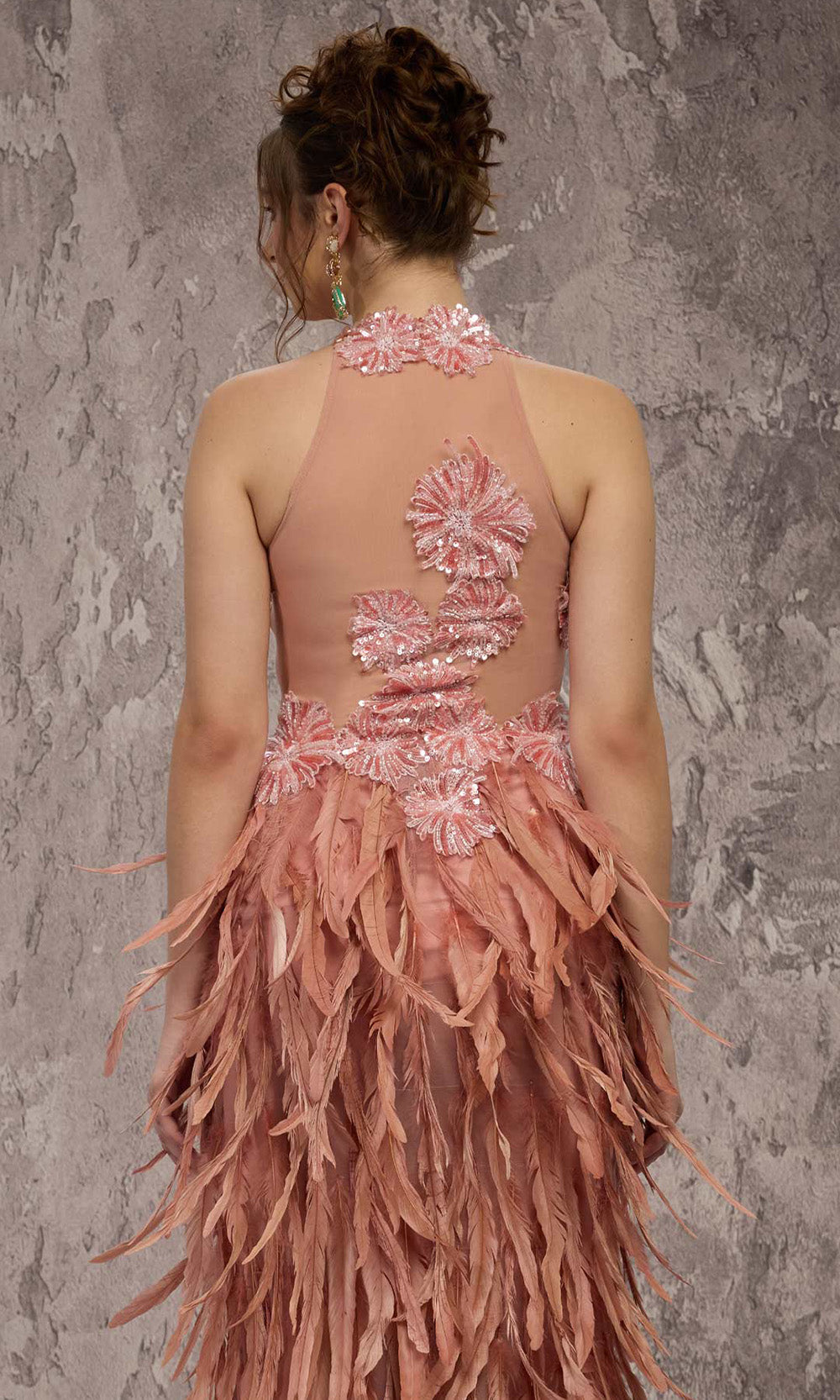 MNM COUTURE J03381 - Halter Column Evening Gown with Feathers Prom Dresses in Salmon 