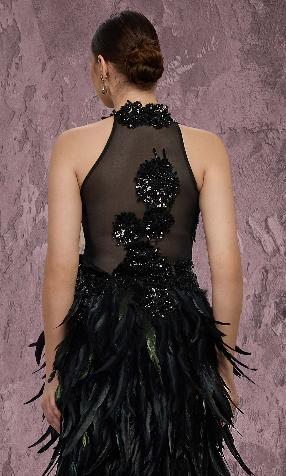 MNM COUTURE J03381 - Halter Column Evening Gown with Feathers Prom Dresses in Black 