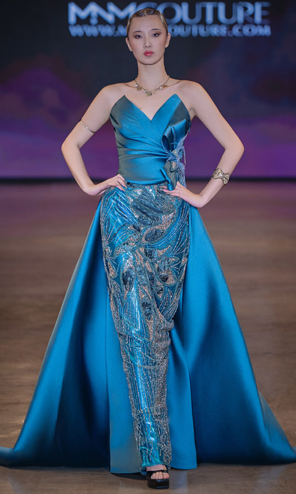 MNM COUTURE J03497 - V-Neckline Beaded Skirt Evening Gown Formal Gowns in Blue 