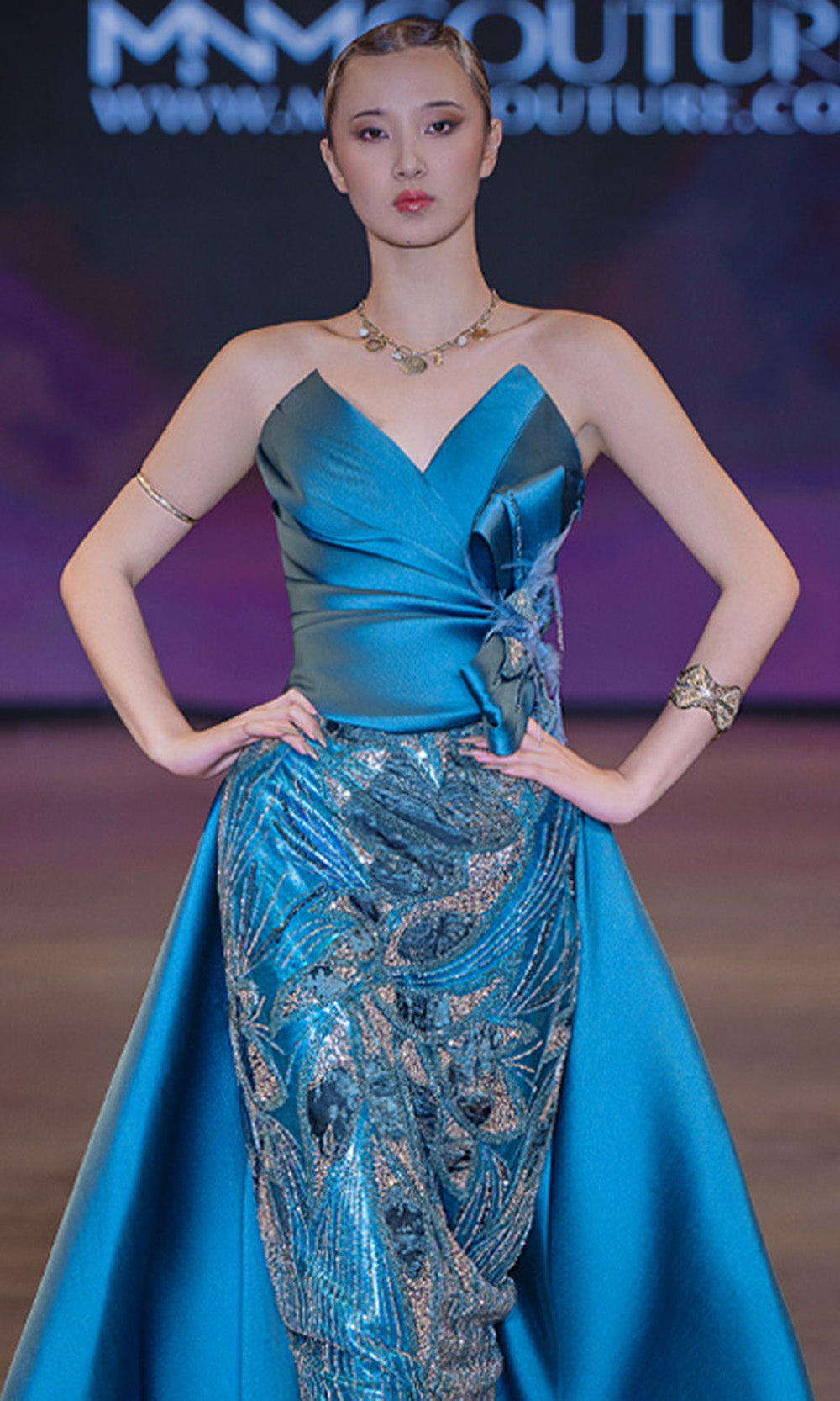 MNM COUTURE J03497 - V-Neckline Beaded Skirt Evening Gown Formal Gowns in Blue 