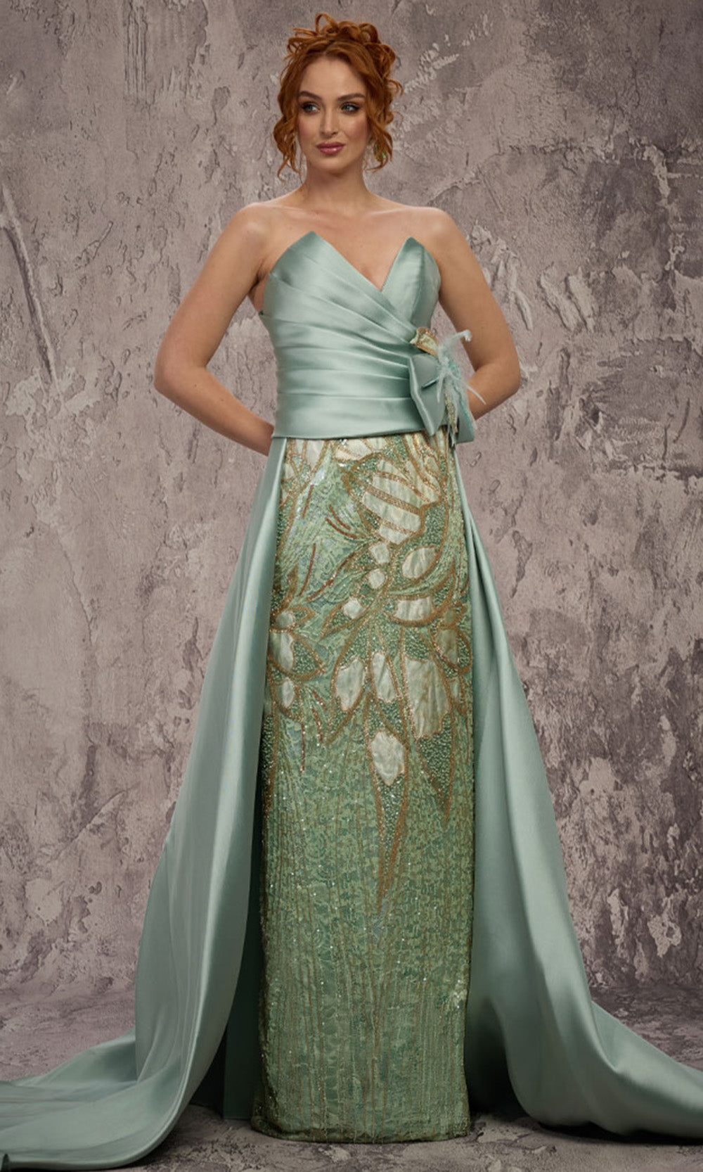 MNM COUTURE J03497 - V-Neckline Beaded Skirt Evening Gown Formal Gowns in Green 