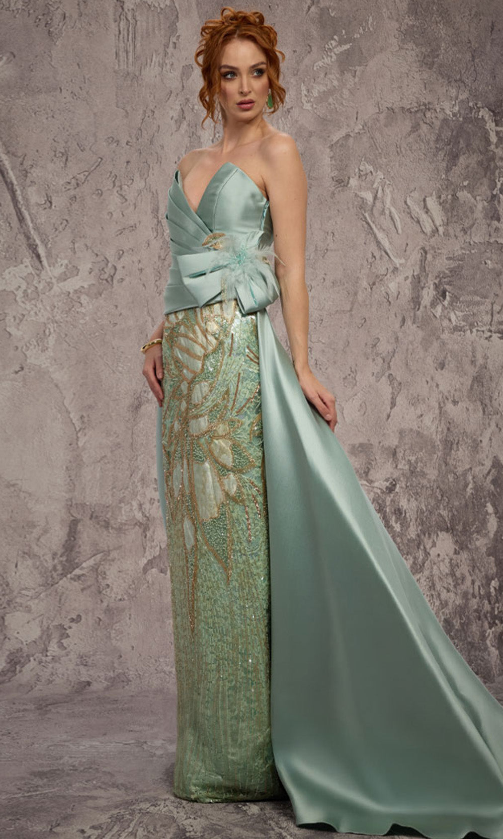 MNM COUTURE J03497 - V-Neckline Beaded Skirt Evening Gown Formal Gowns in Green 