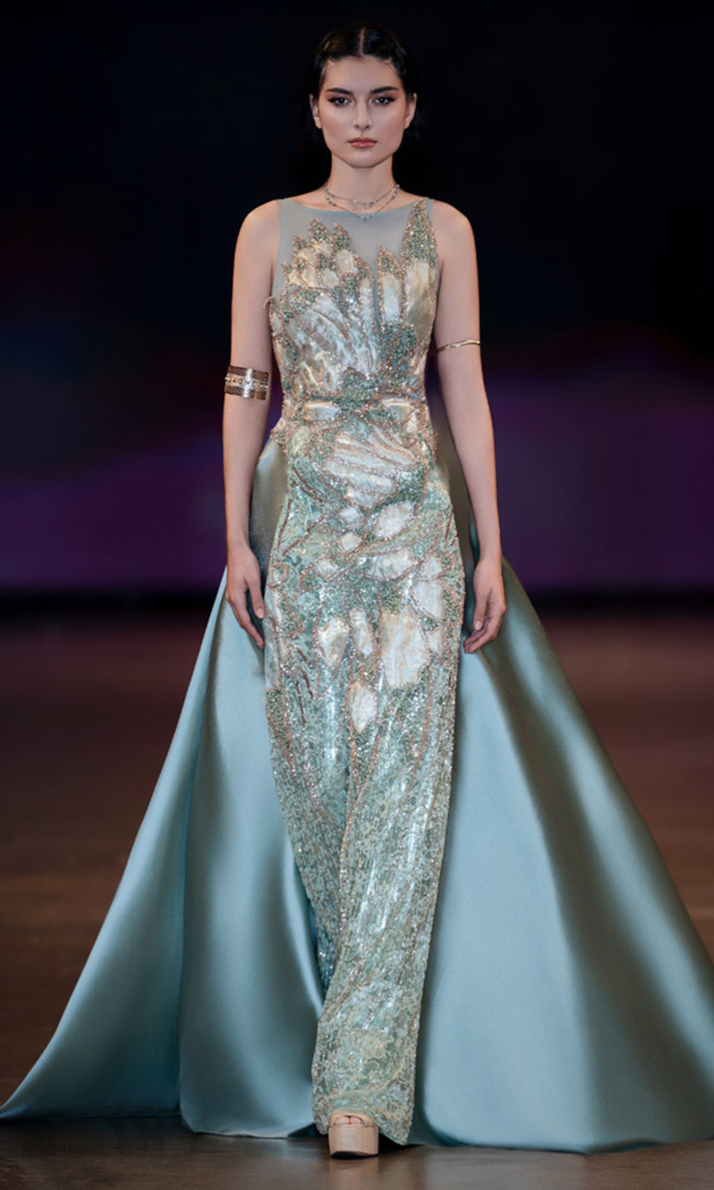 MNM COUTURE J03503 - Bateau Neck Column Gown with Overskirt Prom Dresses in Green 