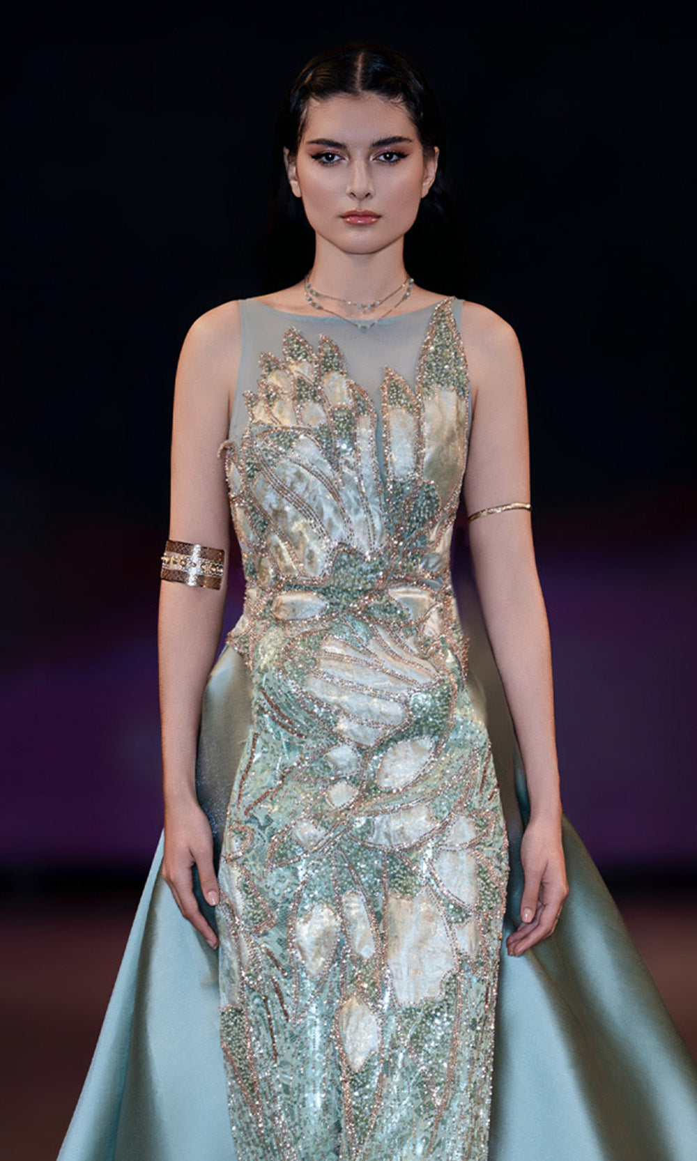 MNM COUTURE J03503 - Bateau Neck Column Gown with Overskirt Prom Dresses in Green 