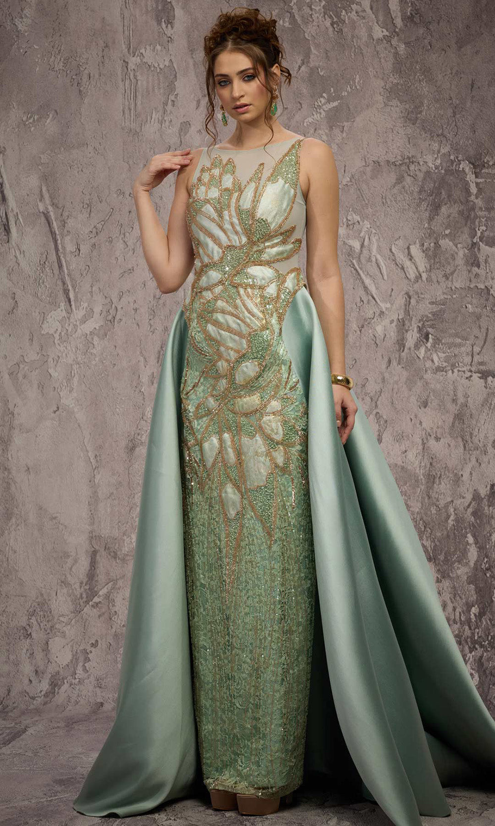 MNM COUTURE J03503 - Bateau Neck Column Gown with Overskirt Prom Dresses in Green 
