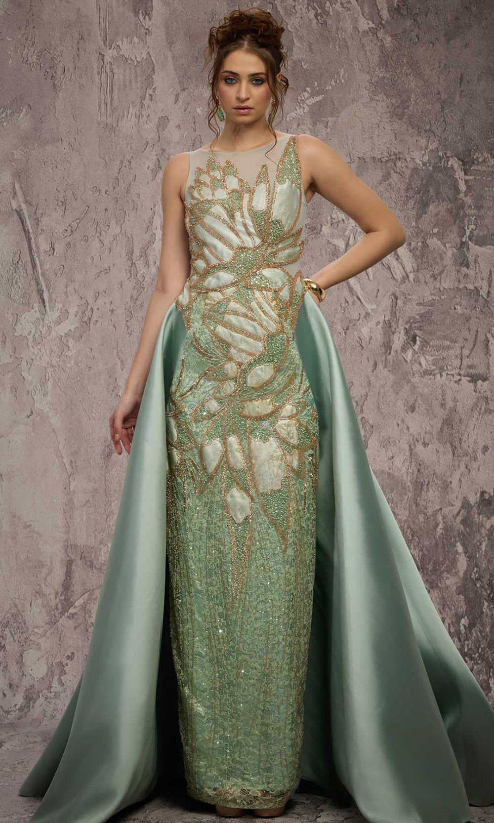 MNM COUTURE J03503 - Bateau Neck Column Gown with Overskirt Prom Dresses in Green 