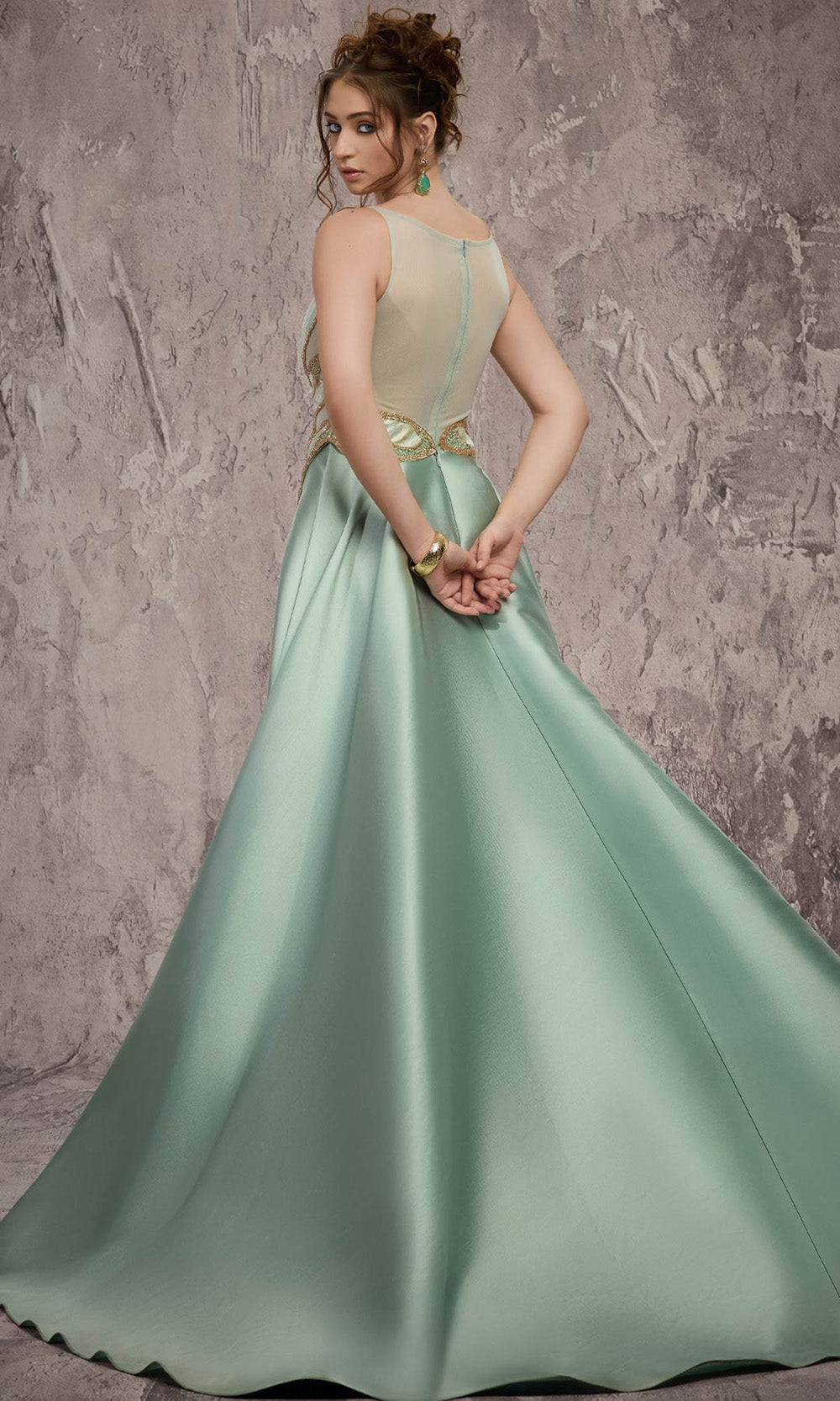 MNM COUTURE J03503 - Bateau Neck Column Gown with Overskirt Prom Dresses in Green 