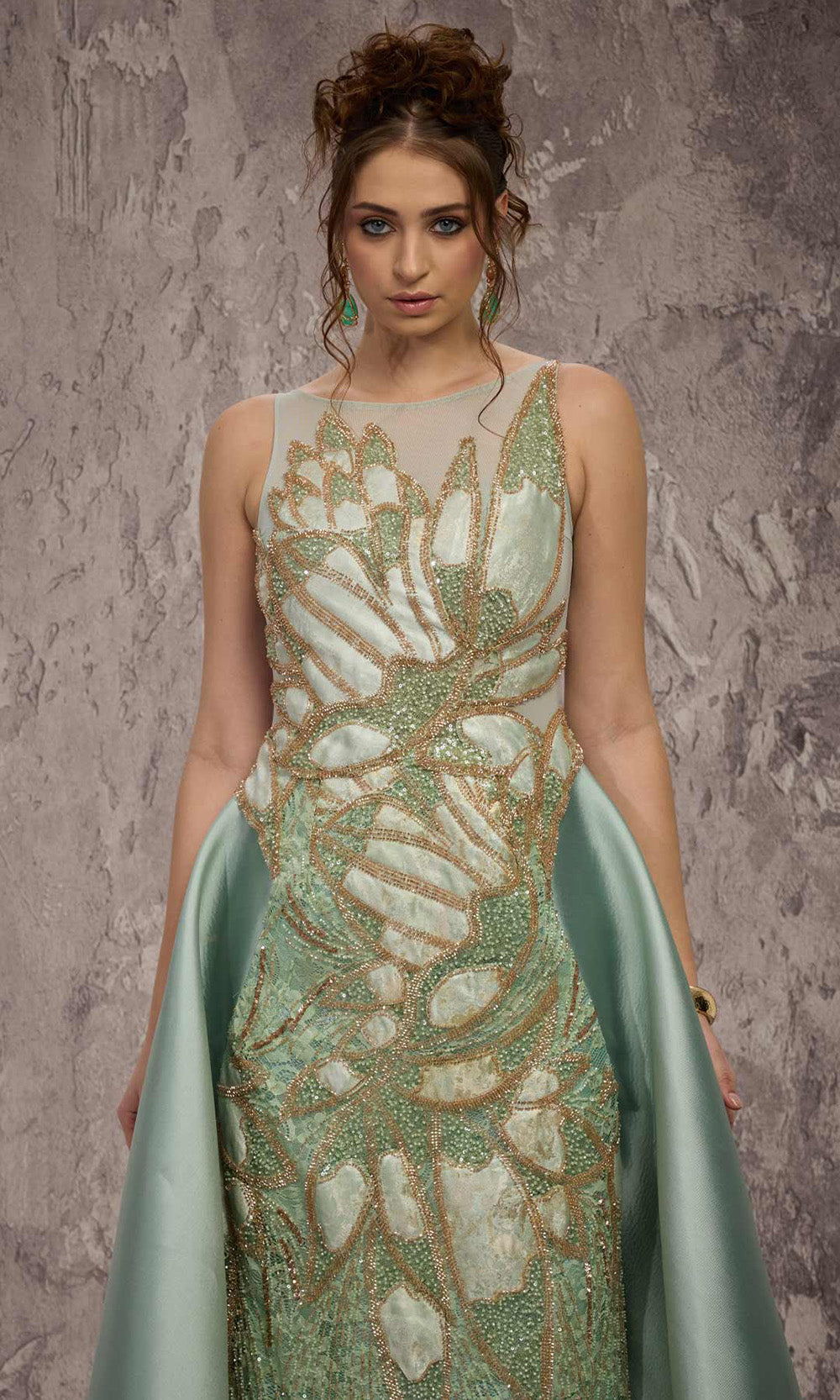 MNM COUTURE J03503 - Bateau Neck Column Gown with Overskirt Prom Dresses in Green 