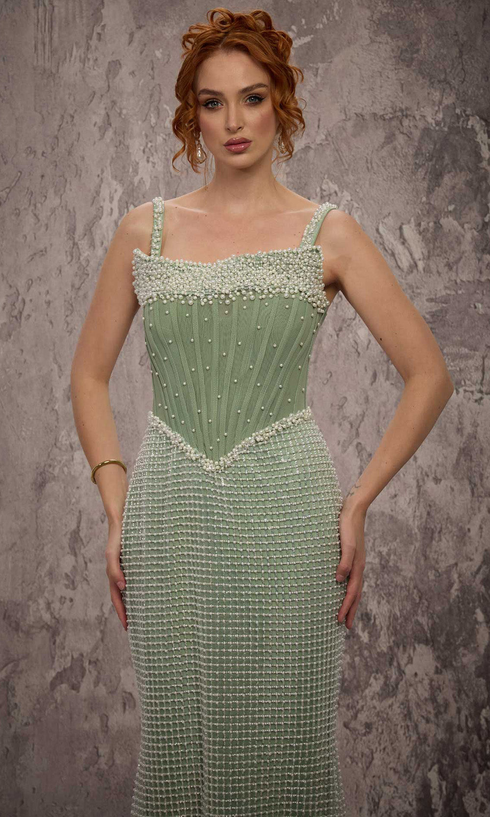 MNM COUTURE J03553 - Pearl Ornate Sleeveless Column Gown Pageant Dresses in Green 