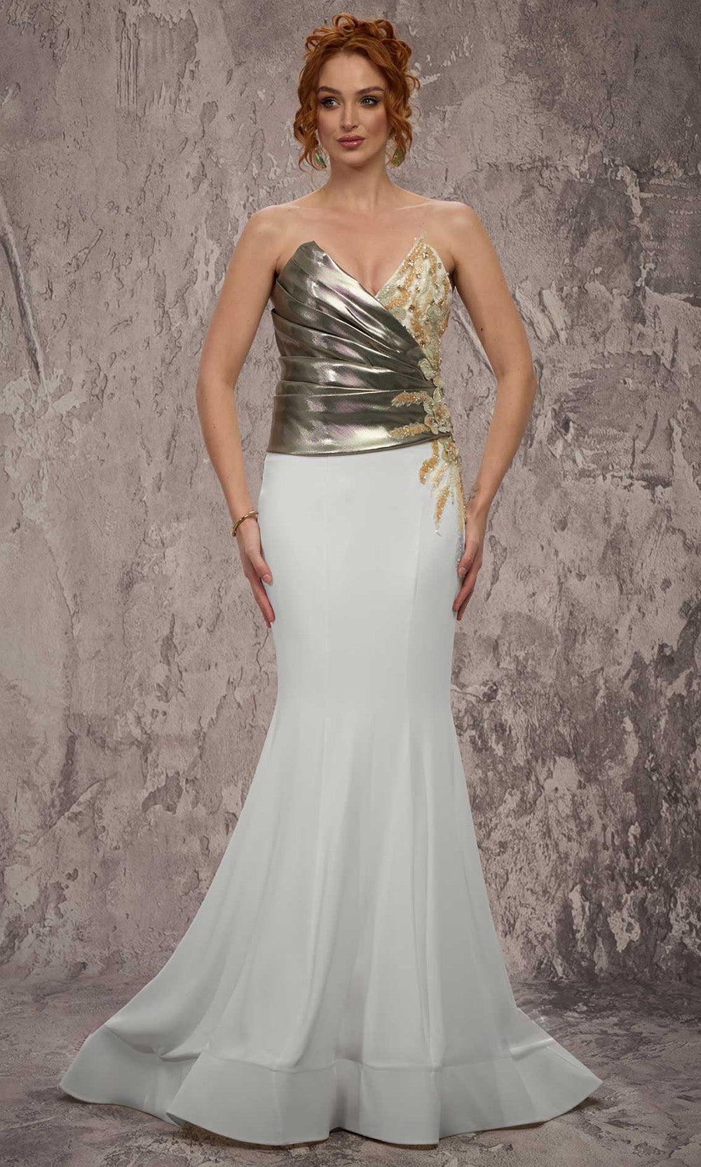 MNM COUTURE J03554 - Beaded Applique V-Neck Flared Gown Prom Dresses in Gold 