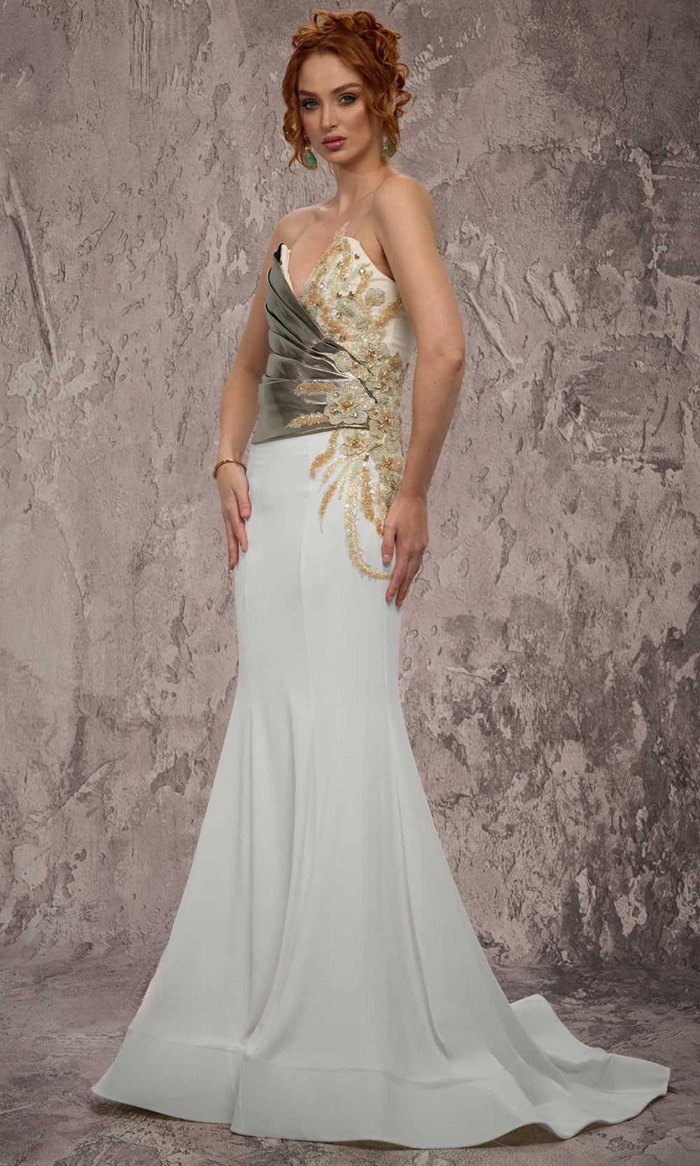 MNM COUTURE J03554 - Beaded Applique V-Neck Flared Gown Prom Dresses in Gold 