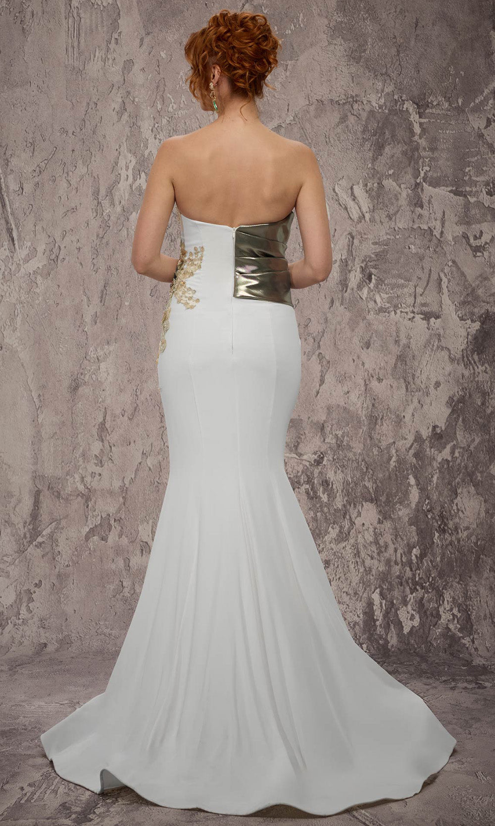 MNM COUTURE J03554 - Beaded Applique V-Neck Flared Gown Prom Dresses in Gold 