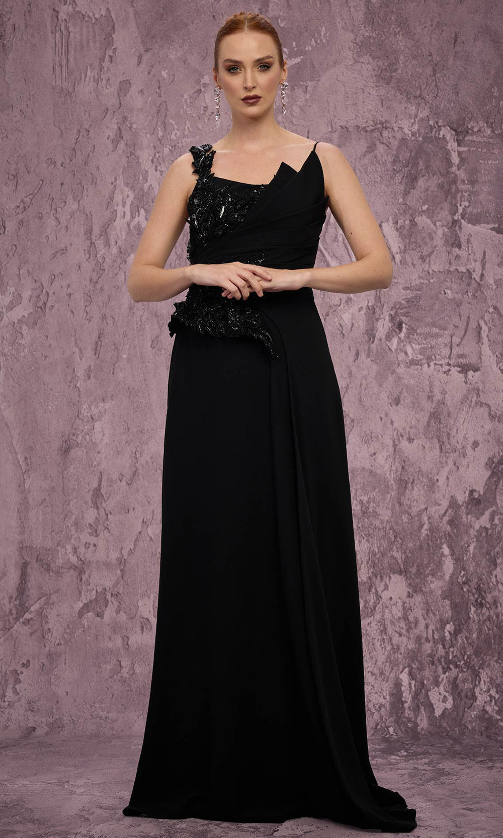 MNM COUTURE J03563 - Asymmetric Neck Draped Overlay Evening Gown Prom Dresses in Black 