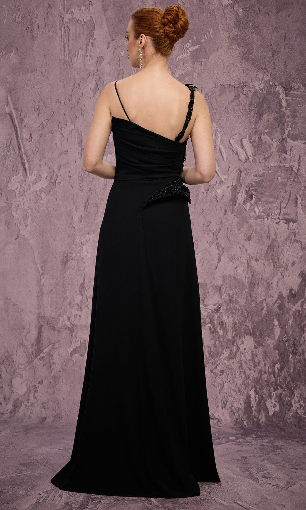 MNM COUTURE J03563 - Asymmetric Neck Draped Overlay Evening Gown Prom Dresses in Black 