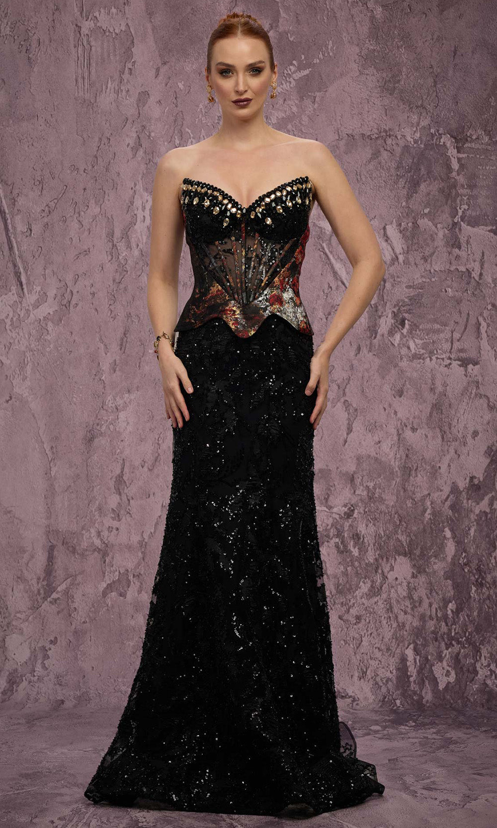 MNM COUTURE J03569 - Lace-Up Back Beaded Ornate Evening Dress Prom Dresses in Black 