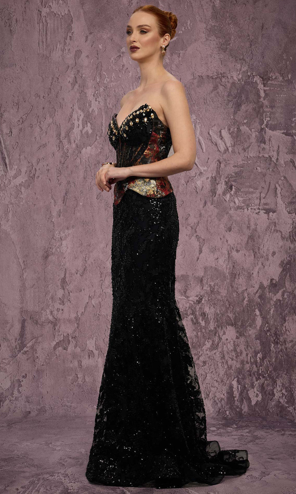 MNM COUTURE J03569 - Lace-Up Back Beaded Ornate Evening Dress Prom Dresses in Black 