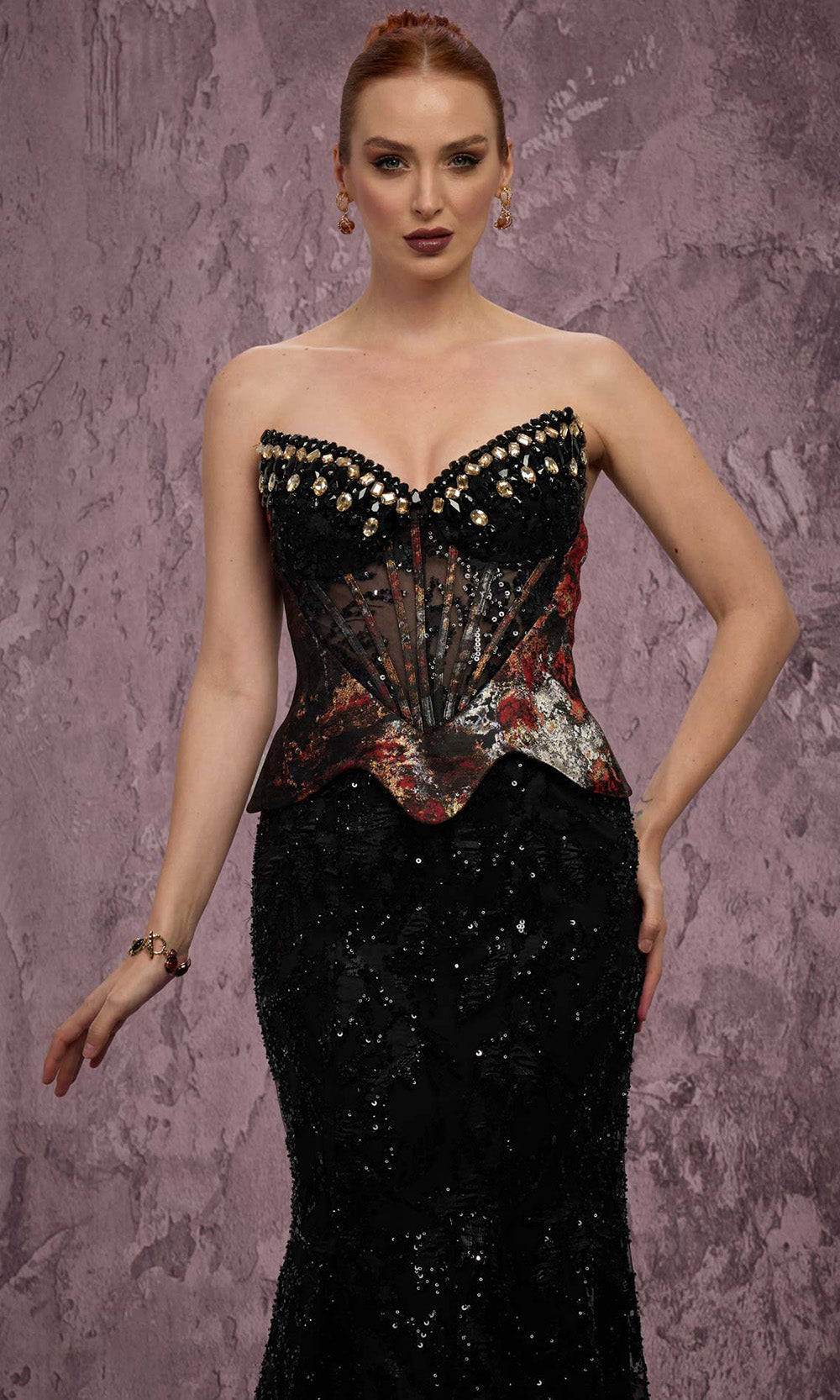MNM COUTURE J03569 - Lace-Up Back Beaded Ornate Evening Dress Prom Dresses in Black 