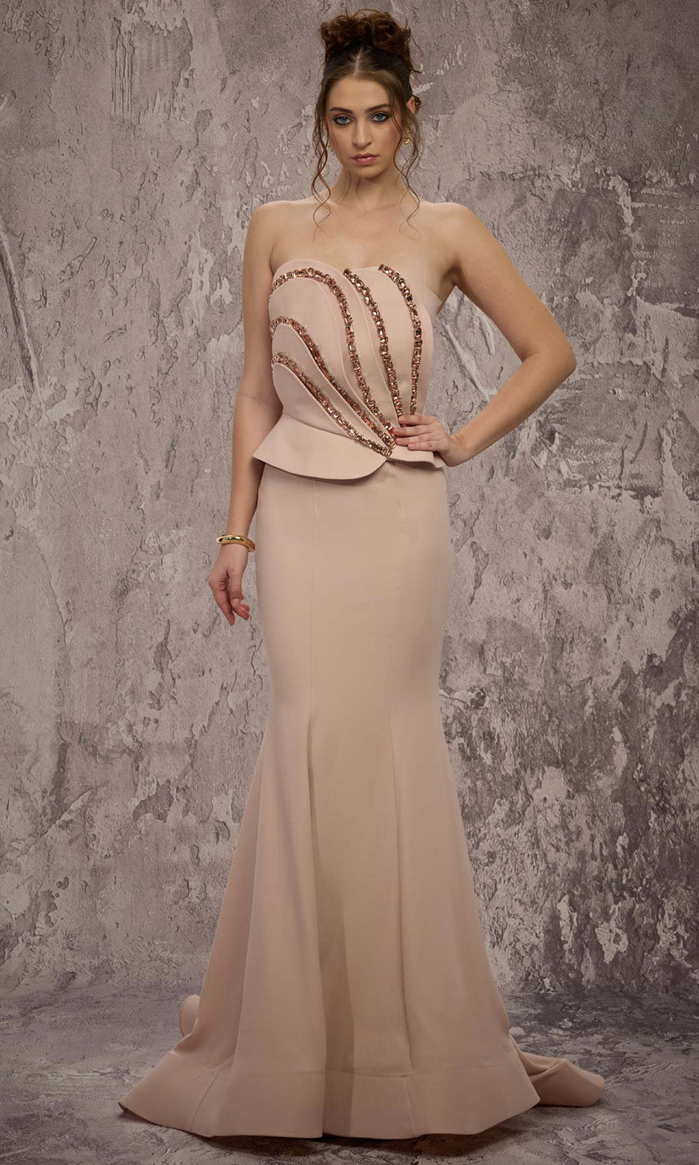 MNM COUTURE J03571 - Semi-Sweetheart Peplum Long Gown Prom Dresses in Salmon 