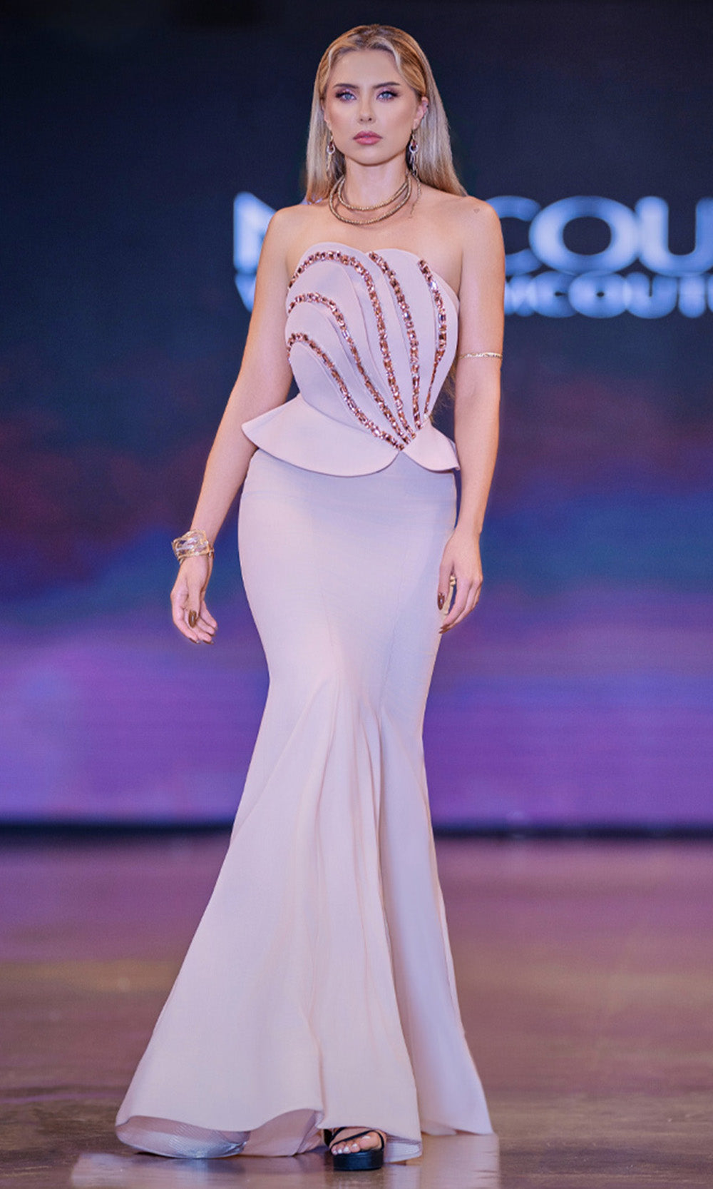 MNM COUTURE J03571 - Semi-Sweetheart Peplum Long Gown Prom Dresses in Salmon 