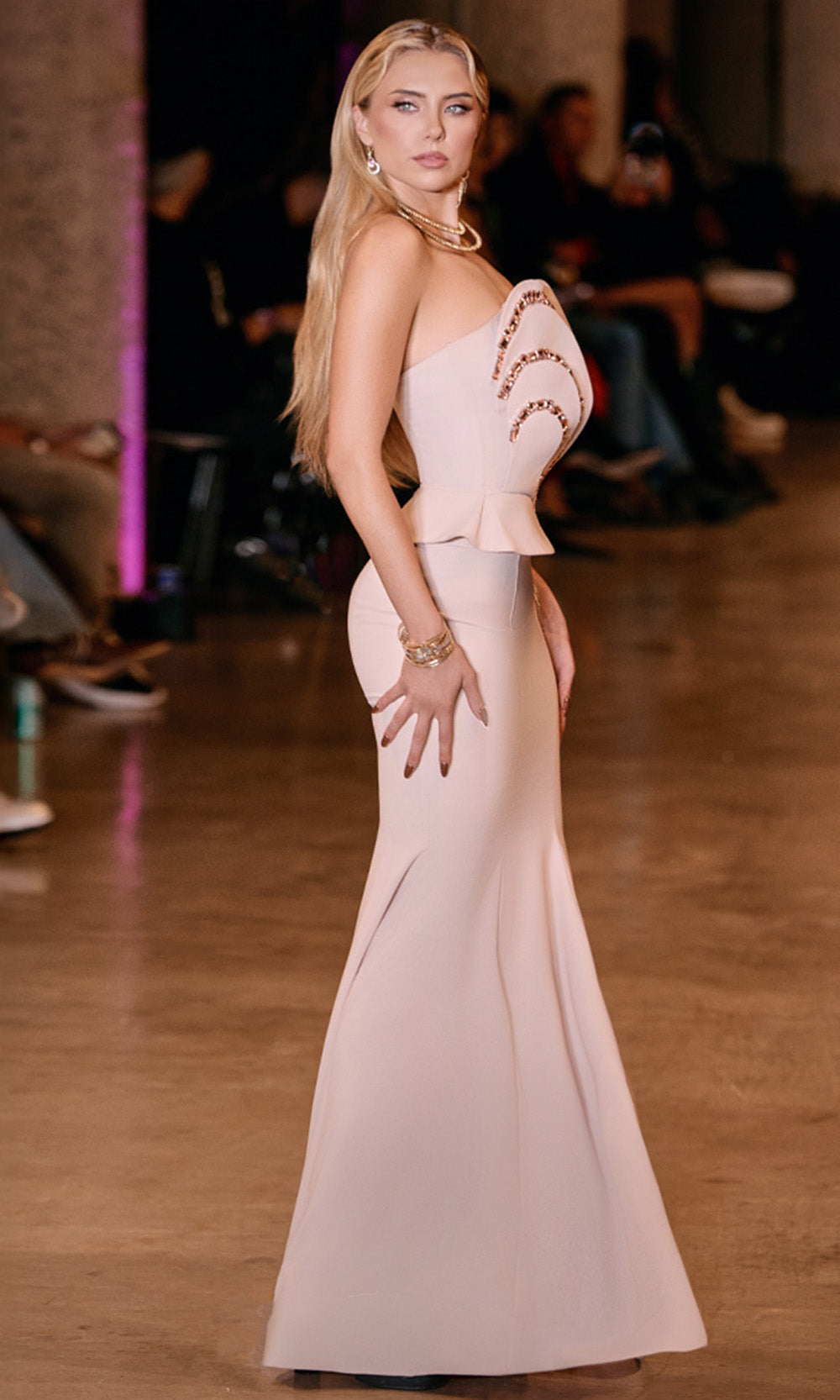 MNM COUTURE J03571 - Semi-Sweetheart Peplum Long Gown Prom Dresses in Salmon 