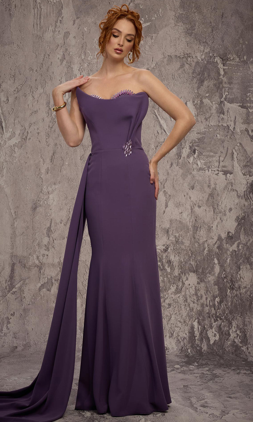 MNM COUTURE J03584 - Strapless Side Train Mermaid Gown Evening Dresses in Purple 